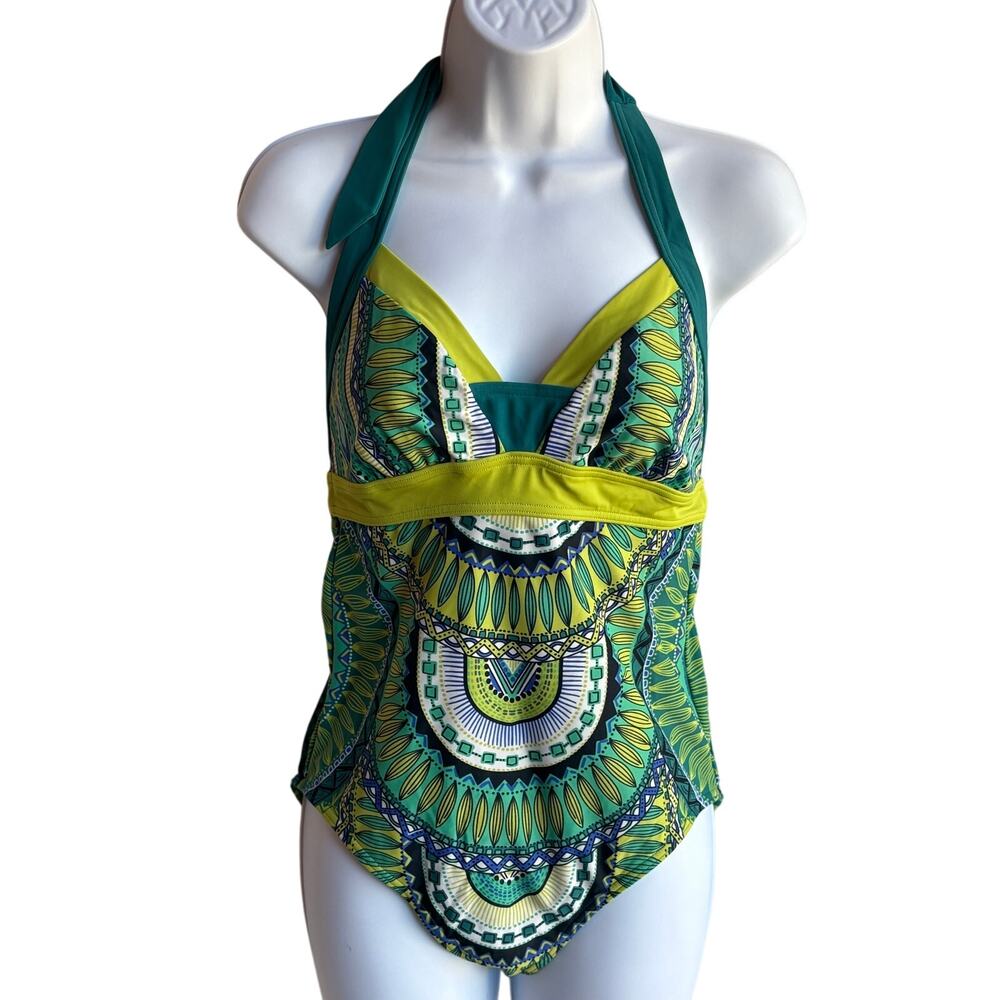 Prana Green Multi-Color Halter Top Bohemian Print One Piece Swimsuit size M